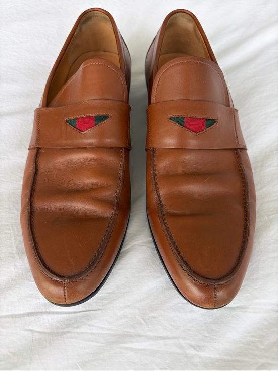 Gucci Brown Leather Slip-On Loafers with Red & Green Web Accent